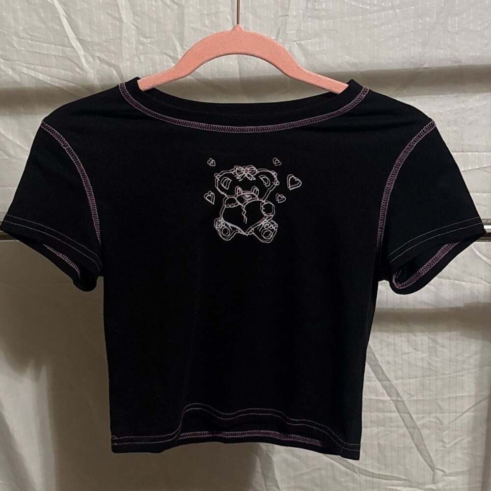 teddy bear broken heart black contrast stitch crop top baby tee